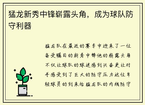 猛龙新秀中锋崭露头角，成为球队防守利器