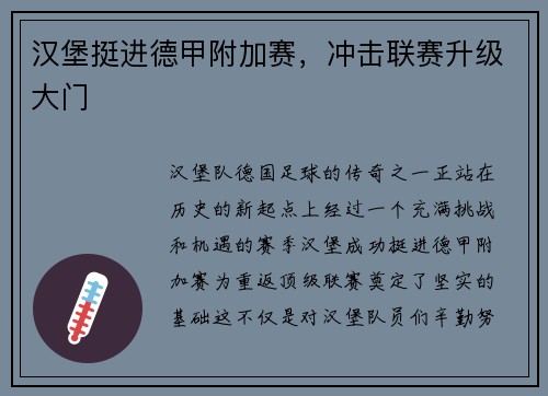 汉堡挺进德甲附加赛，冲击联赛升级大门