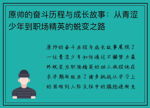 原帅的奋斗历程与成长故事：从青涩少年到职场精英的蜕变之路