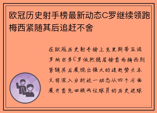 欧冠历史射手榜最新动态C罗继续领跑梅西紧随其后追赶不舍