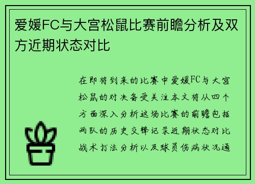 爱媛FC与大宫松鼠比赛前瞻分析及双方近期状态对比