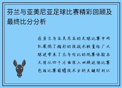 芬兰与亚美尼亚足球比赛精彩回顾及最终比分分析