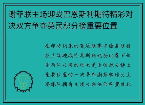 谢菲联主场迎战巴恩斯利期待精彩对决双方争夺英冠积分榜重要位置
