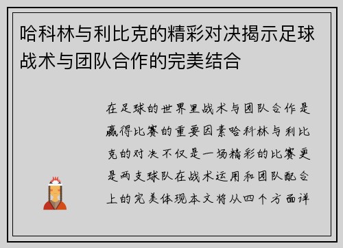 哈科林与利比克的精彩对决揭示足球战术与团队合作的完美结合