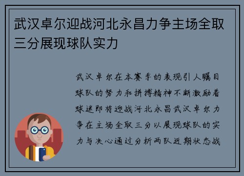 武汉卓尔迎战河北永昌力争主场全取三分展现球队实力