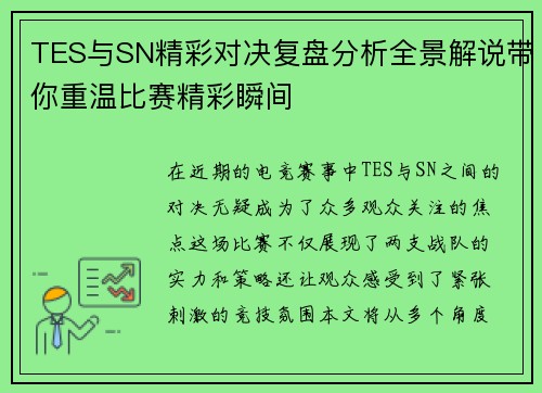 TES与SN精彩对决复盘分析全景解说带你重温比赛精彩瞬间