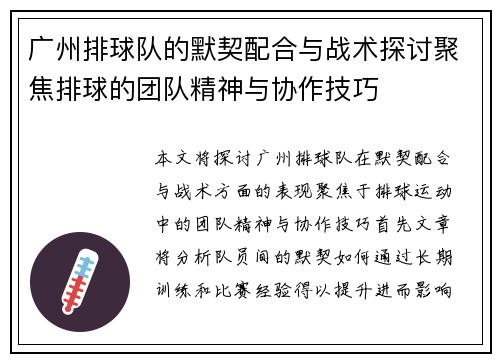 广州排球队的默契配合与战术探讨聚焦排球的团队精神与协作技巧