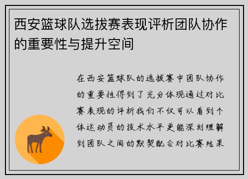 西安篮球队选拔赛表现评析团队协作的重要性与提升空间