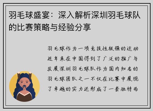 羽毛球盛宴：深入解析深圳羽毛球队的比赛策略与经验分享