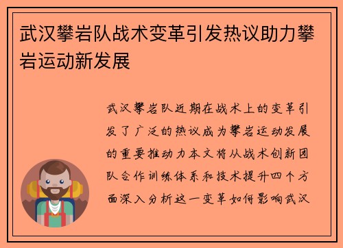 武汉攀岩队战术变革引发热议助力攀岩运动新发展