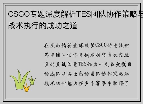 CSGO专题深度解析TES团队协作策略与战术执行的成功之道