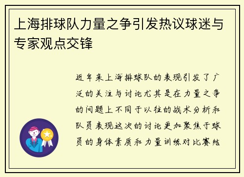 上海排球队力量之争引发热议球迷与专家观点交锋